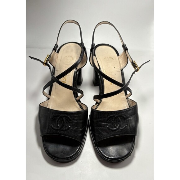 Chanel Block Heels Platform Black CC Logo Leather Sandals Vintage Sz EU 39 9 - Picture 2 of 12